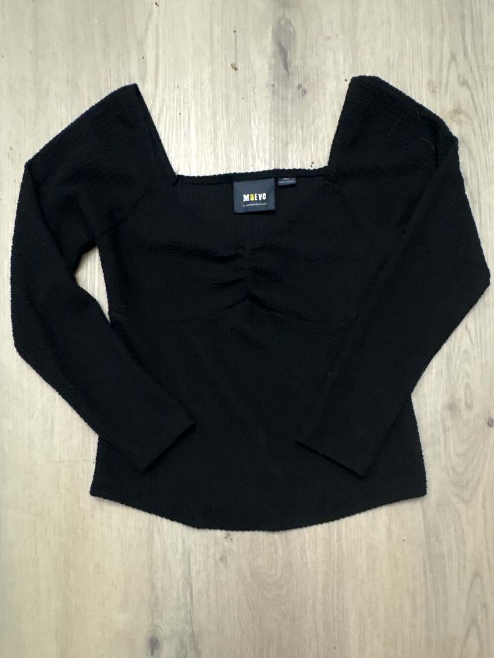 Maeve by Anthropologie Black Ribbed Sweetheart Neckline Long Sleeve Top Sz XS